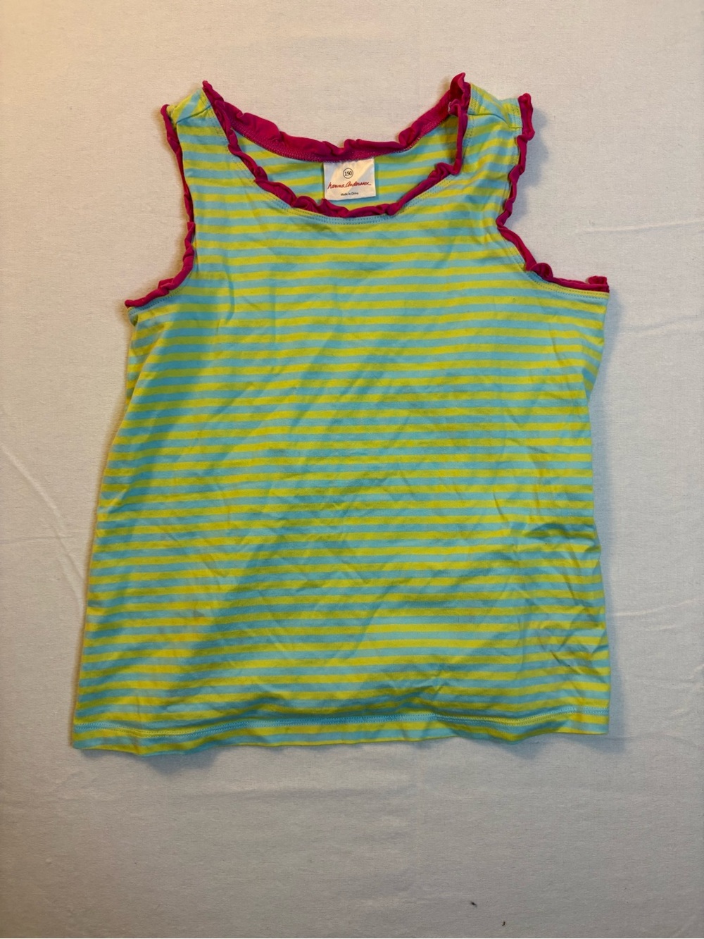 Hanna Andersson Aqua & Lime Striped Tank with Pink Ruffle